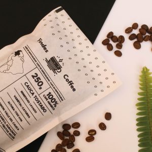 Coffee bag with beans and leaves