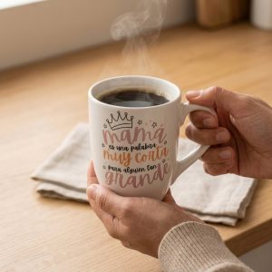 Taza regalo para mamá con diseño de corona y estrellas sirviendo café caliente